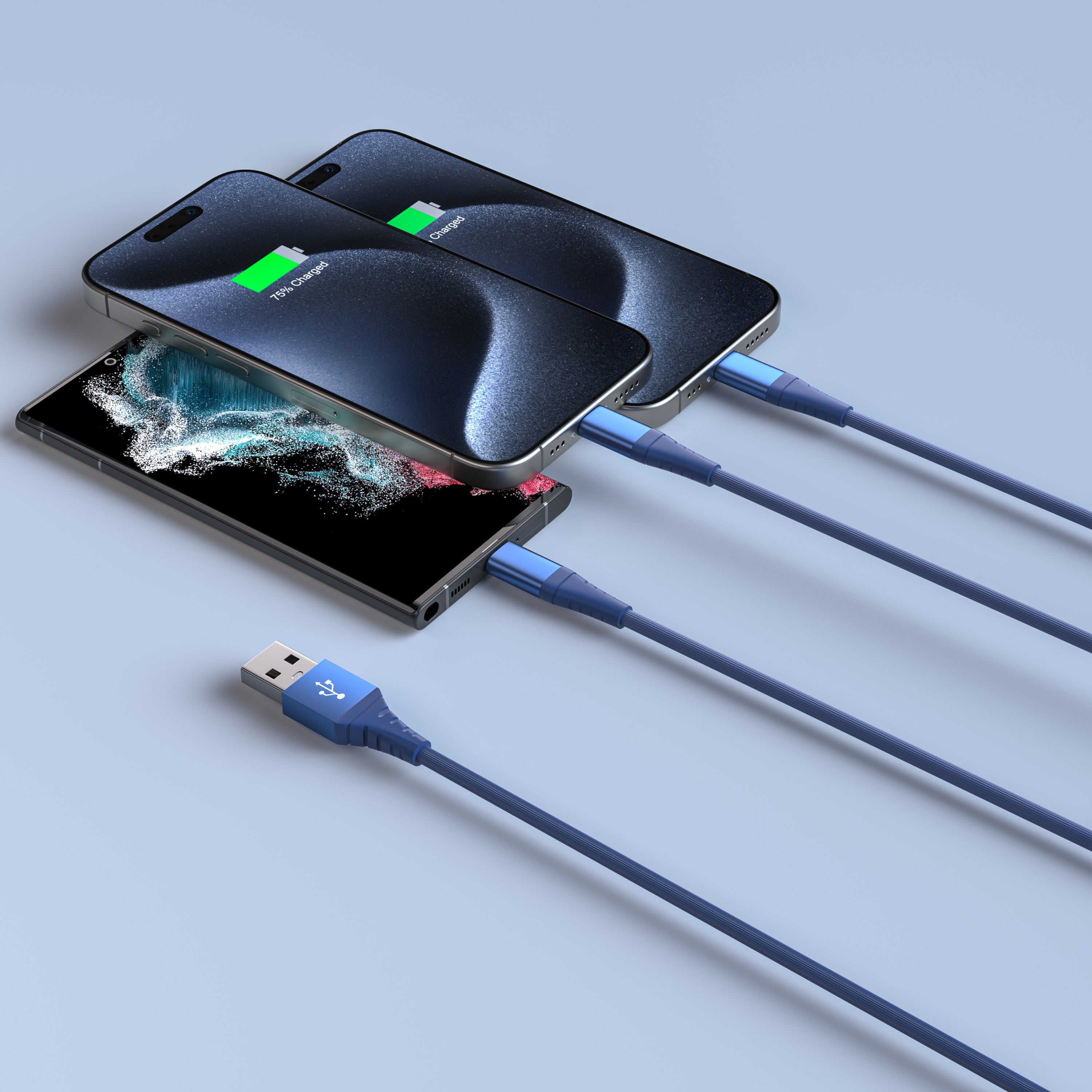 LAX 3-in-1 Apple Mfi Ceritifed Iphone and 2x USB-C Cable - 6ft - Dusty Blue