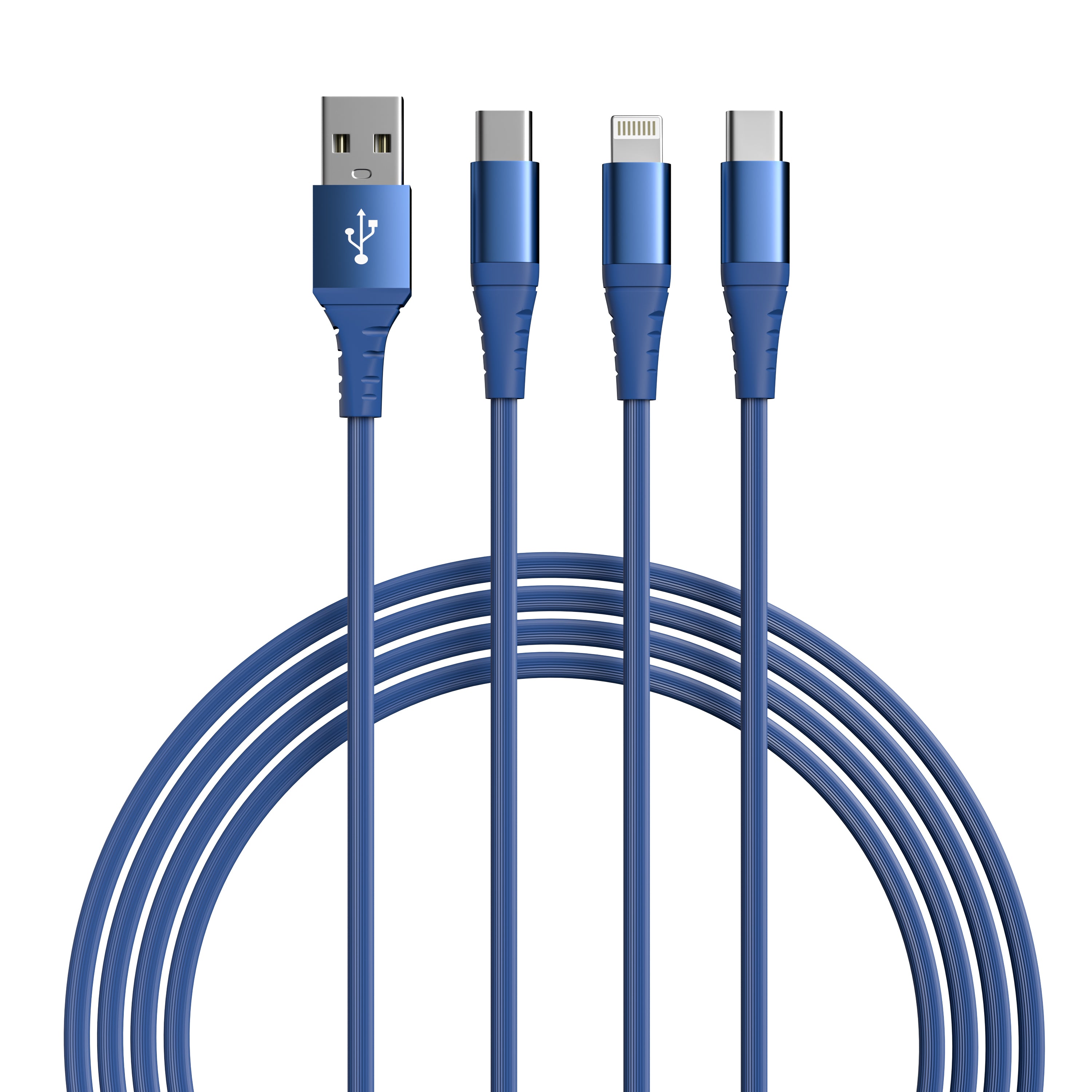 LAX 3-in-1 Apple Mfi Ceritifed Iphone and 2x USB-C Cable - 6ft - Dusty Blue