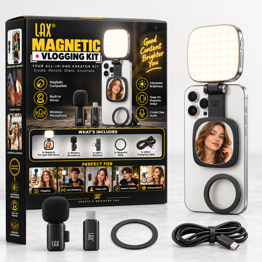 LAX Magnetic Vlogging Kit | 4-in-1 LED Light & Mic Hub