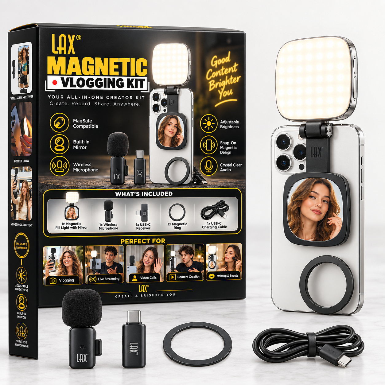 LAX Magnetic Vlogging Kit | 4-in-1 LED Light & Mic Hub