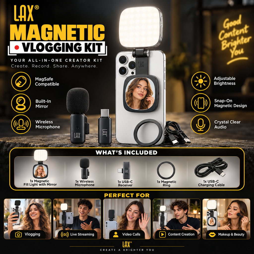 LAX Magnetic Vlogging Kit | 4-in-1 LED Light & Mic Hub