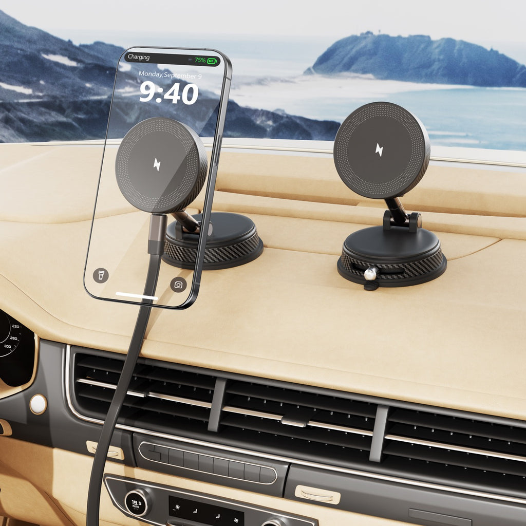 LAX 15W Wireless Charger Car Mount, MagSafe Compatible Magnetic Phone Holder with Vacuum Lock Suction, 360° Rotation, Adjustable Dashboard, Windshield & Desk Stand