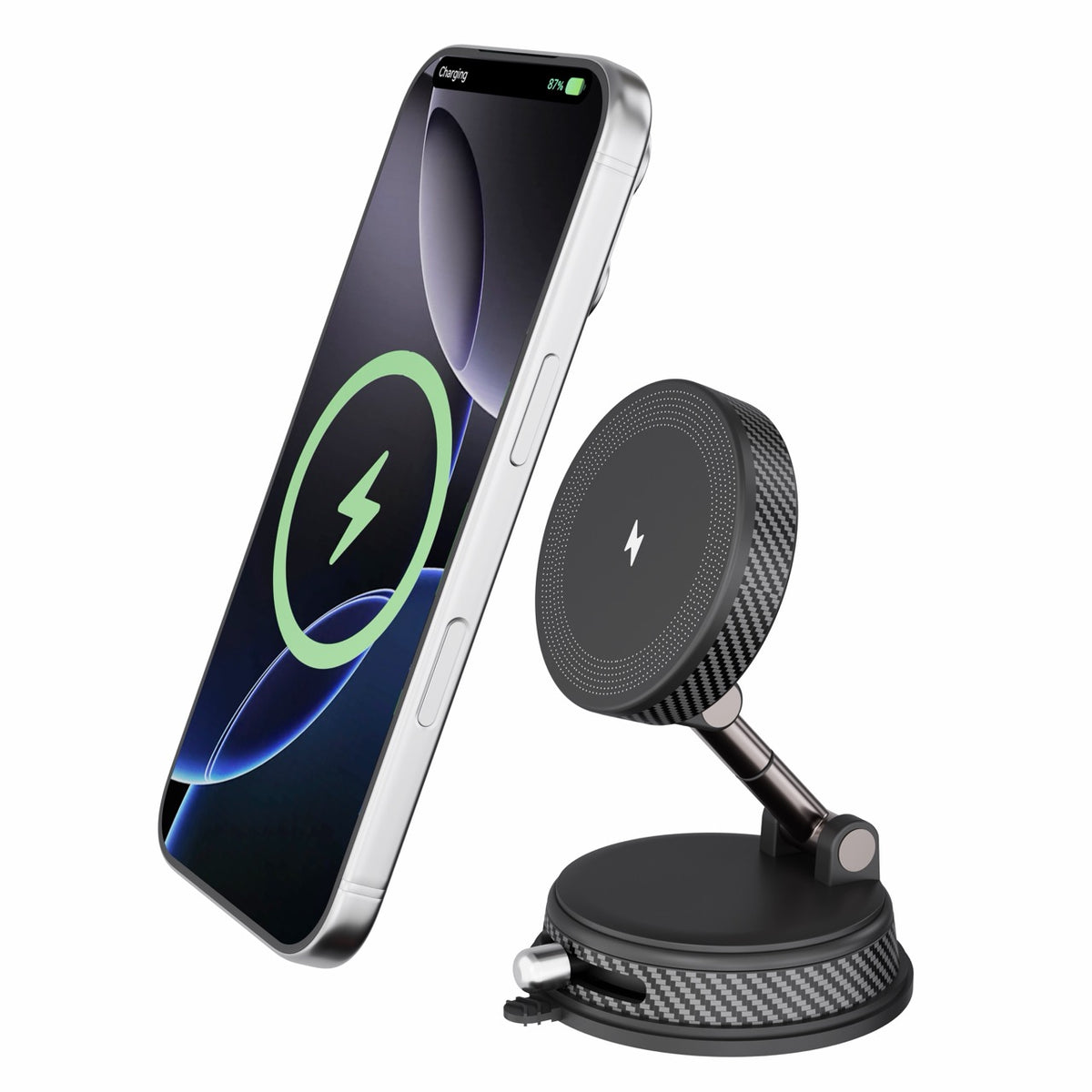 LAX 15W Wireless Charger Car Mount, MagSafe Compatible Magnetic Phone Holder with Vacuum Lock Suction, 360° Rotation, Adjustable Dashboard, Windshield & Desk Stand