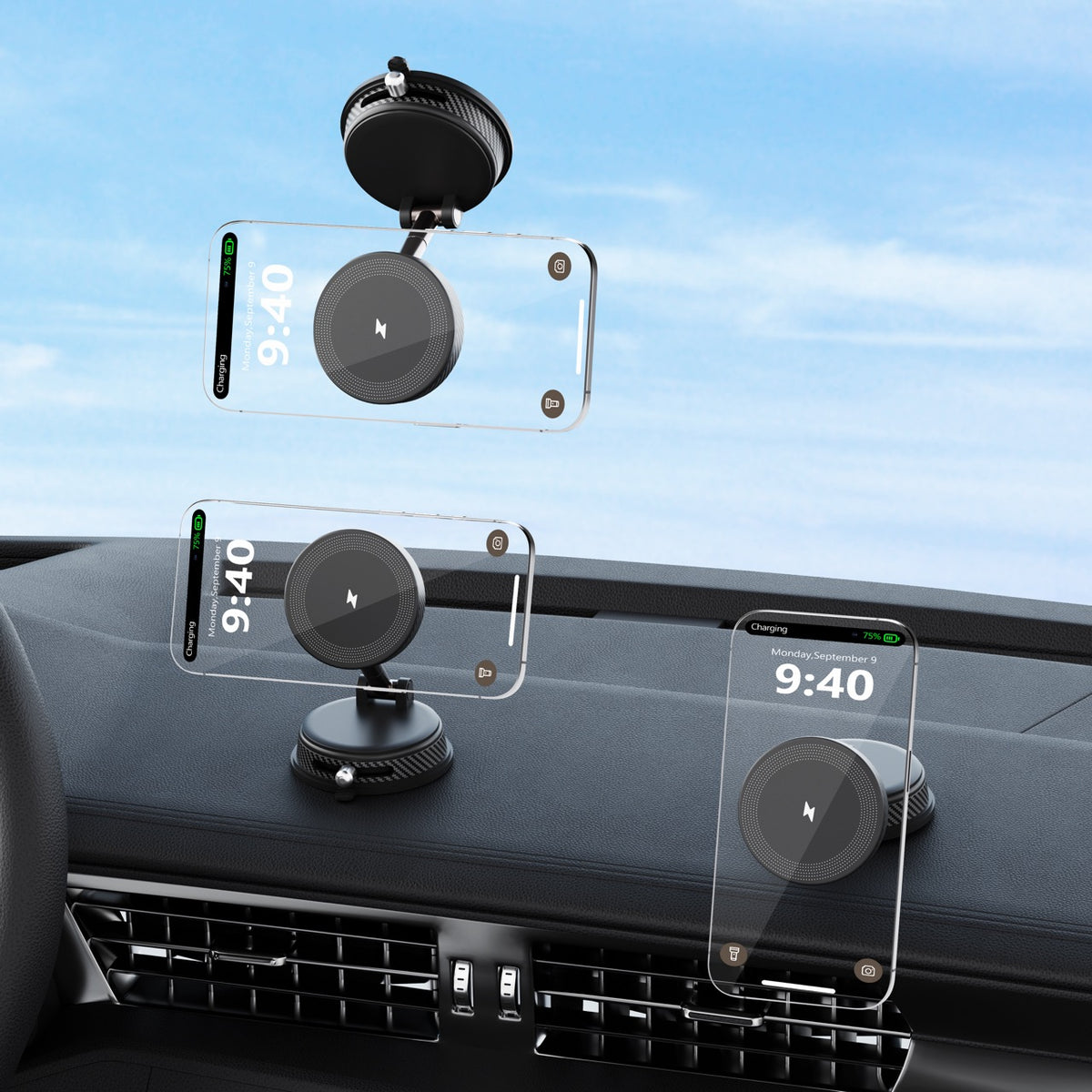 LAX 15W Wireless Charger Car Mount, MagSafe Compatible Magnetic Phone Holder with Vacuum Lock Suction, 360° Rotation, Adjustable Dashboard, Windshield & Desk Stand