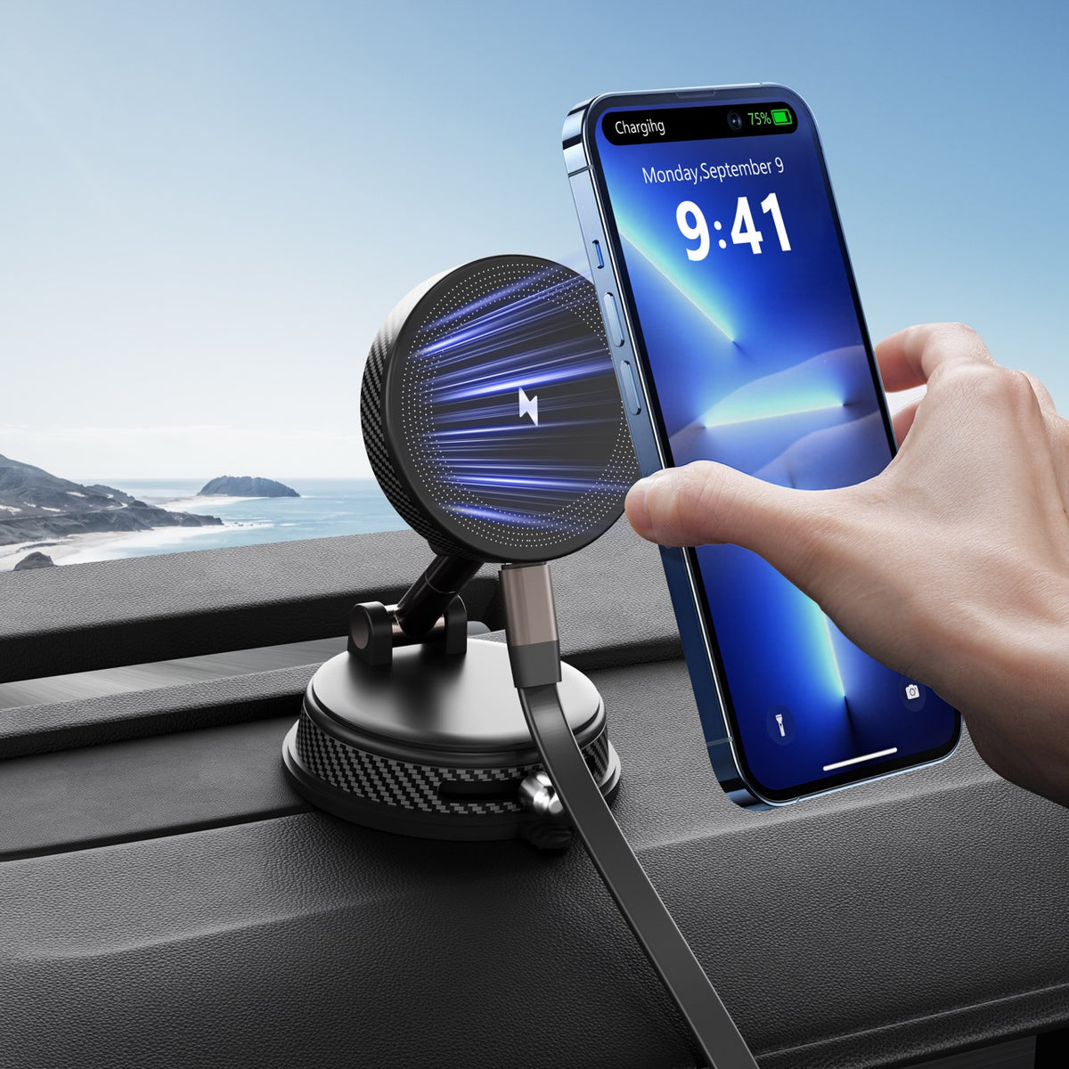 LAX 15W Wireless Charger Car Mount, MagSafe Compatible Magnetic Phone Holder with Vacuum Lock Suction, 360° Rotation, Adjustable Dashboard, Windshield & Desk Stand