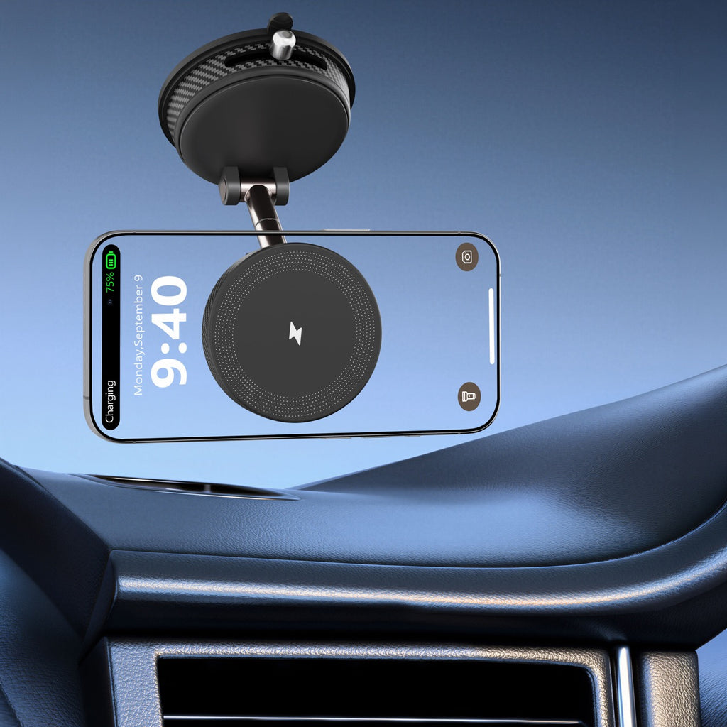 LAX 15W Wireless Charger Car Mount, MagSafe Compatible Magnetic Phone Holder with Vacuum Lock Suction, 360° Rotation, Adjustable Dashboard, Windshield & Desk Stand