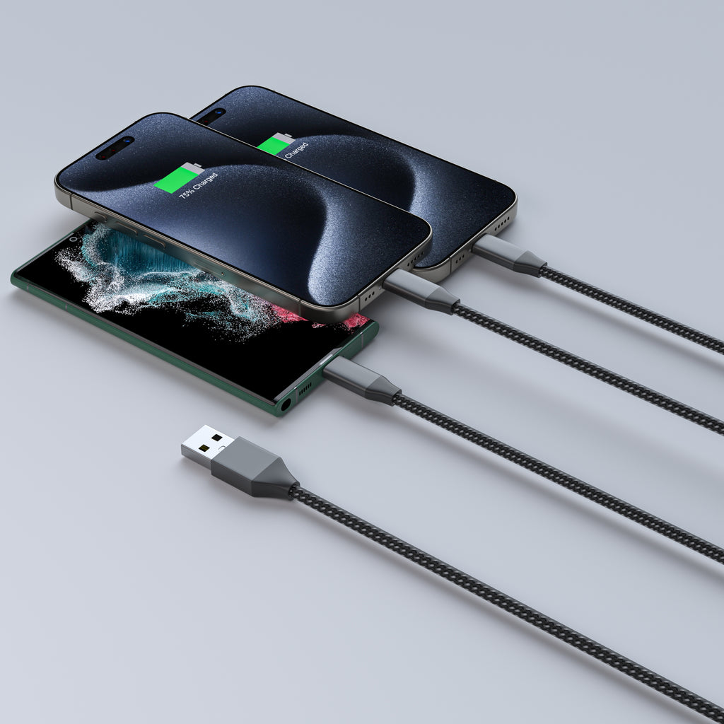 Apple MFi Certified 3 in 1 with 1x Iphone and 2x USB-C Cable - Black