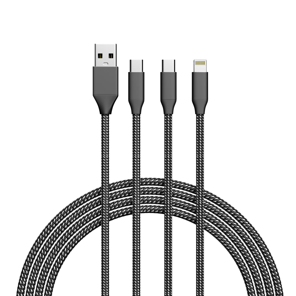 Apple MFi Certified 3 in 1 with 1x Iphone and 2x USB-C Cable - Black