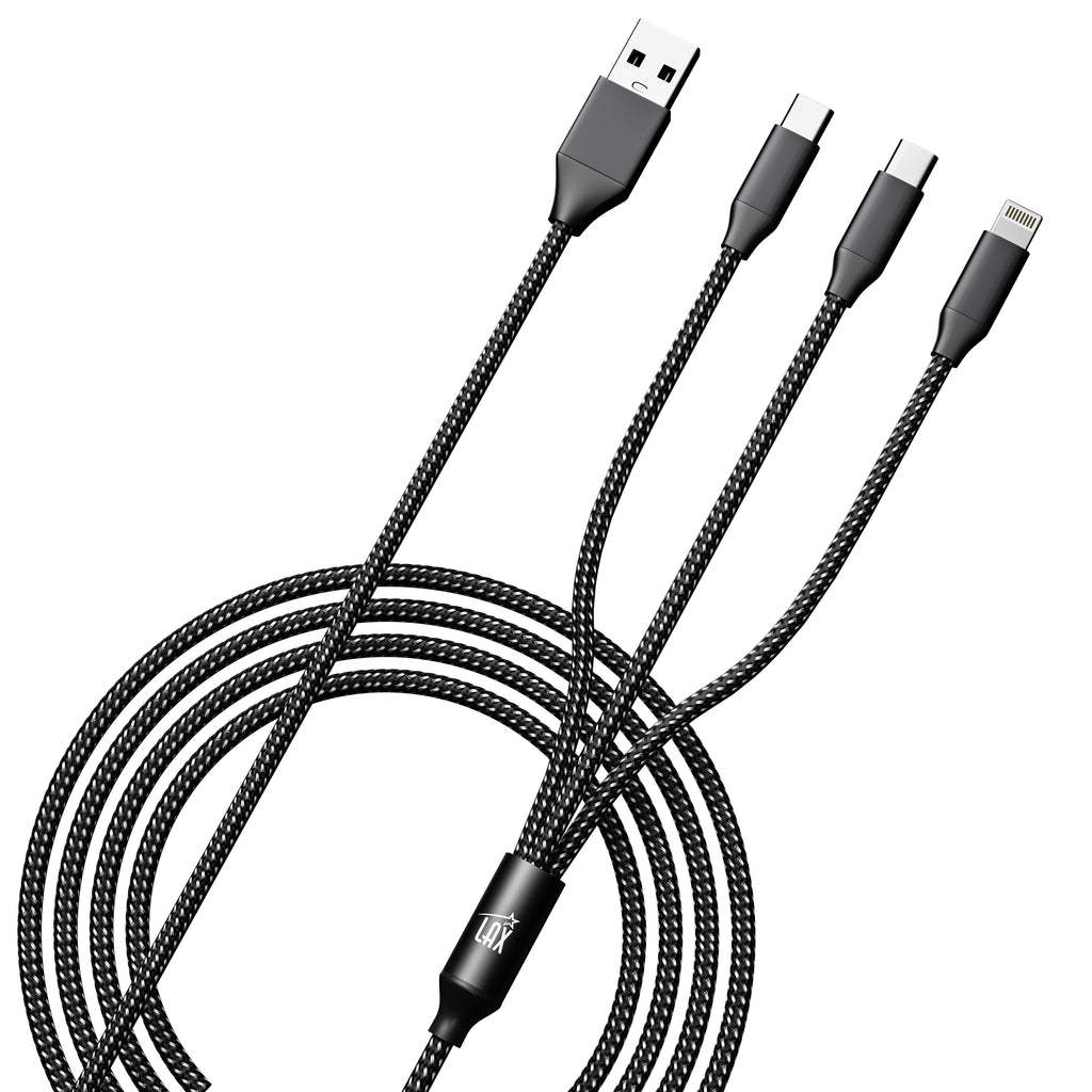 Apple MFi Certified 3 in 1 with 1x Iphone and 2x USB-C Cable - Black
