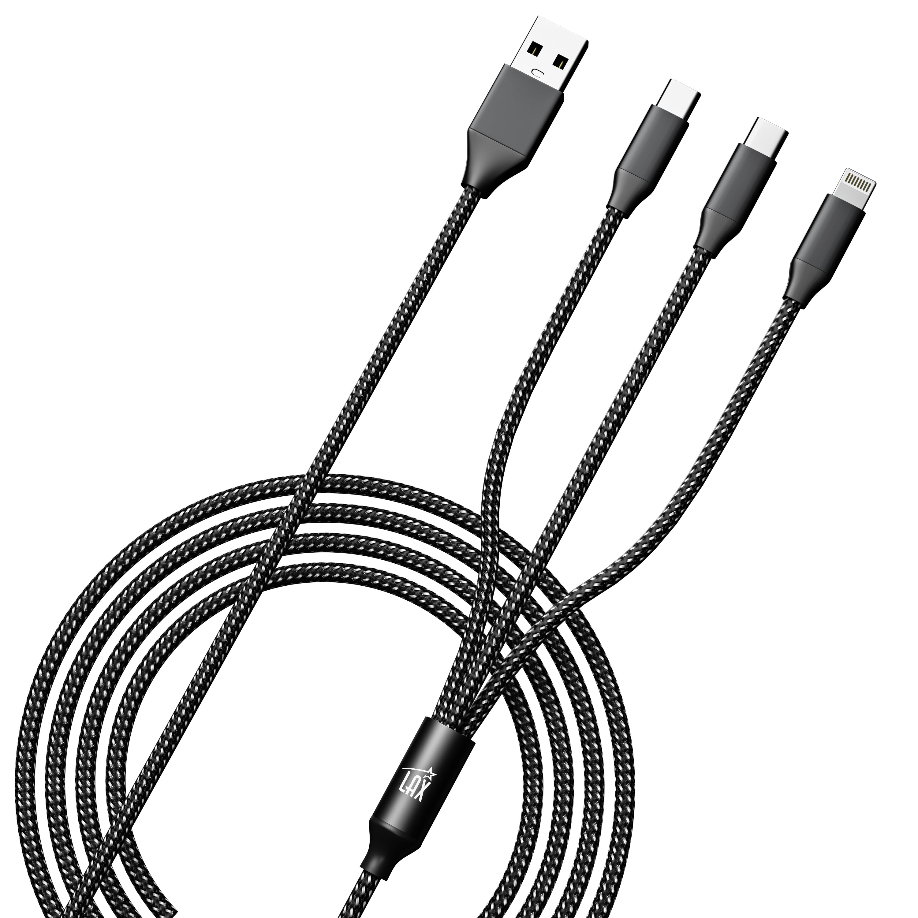 Apple MFi Certified 3 in 1 with 1x Iphone and 2x USB-C Cable - Black