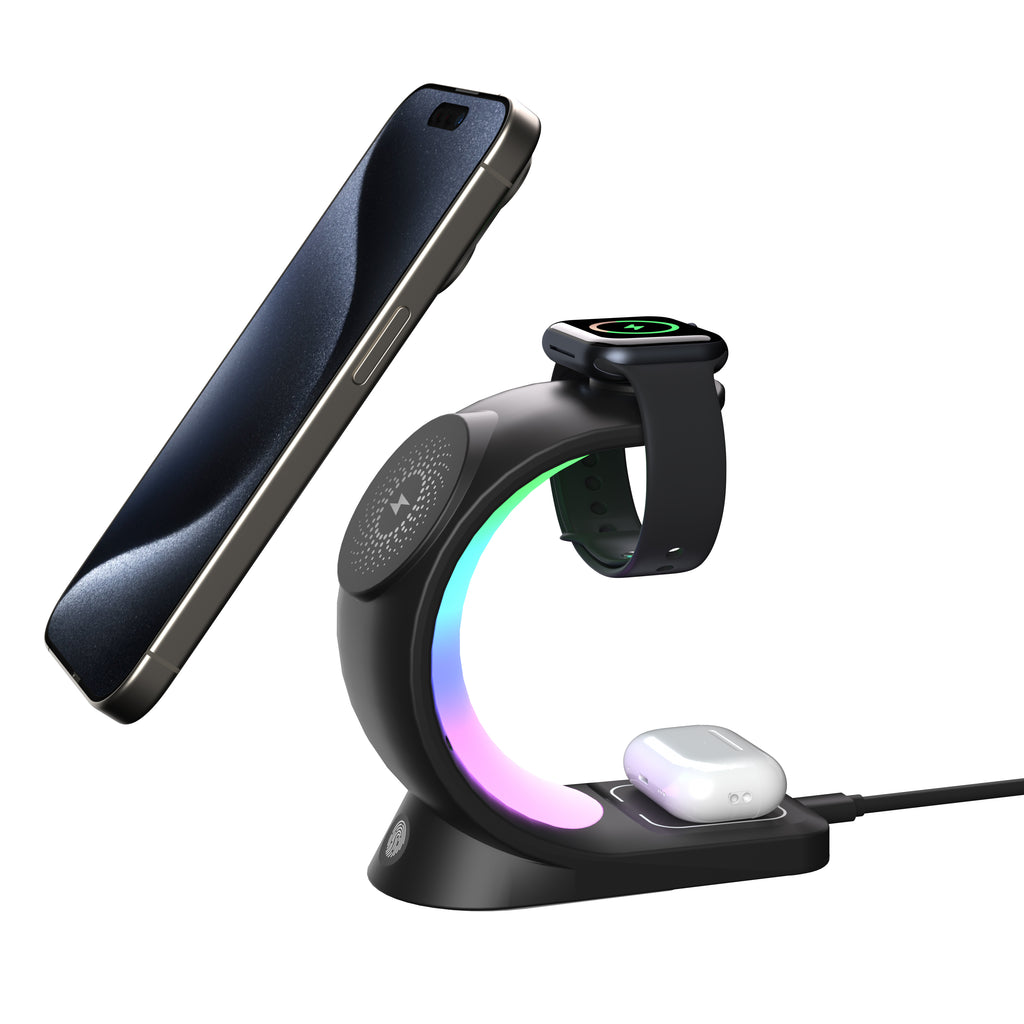 Curved Nightlight 3-in-1 MagSafe Compatible Wireless Charger for Phone, Watch, and Earphones - Black