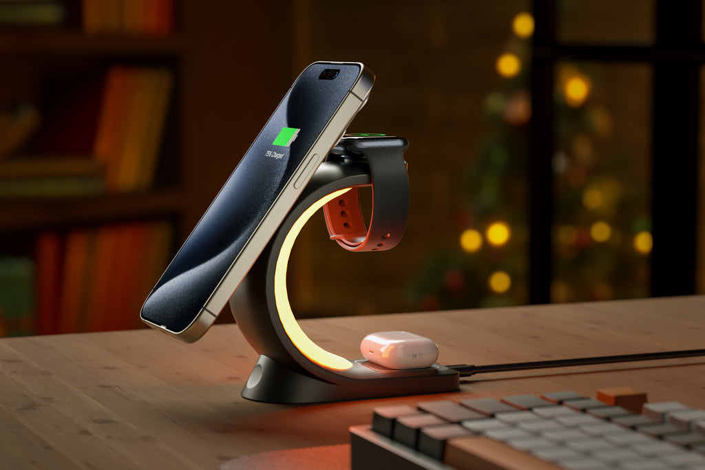 Curved Nightlight 3-in-1 MagSafe Compatible Wireless Charger for Phone, Watch, and Earphones - Black