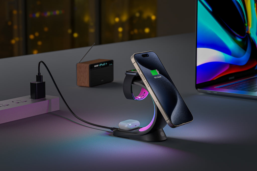 Curved Nightlight 3-in-1 MagSafe Compatible Wireless Charger for Phone, Watch, and Earphones - Black