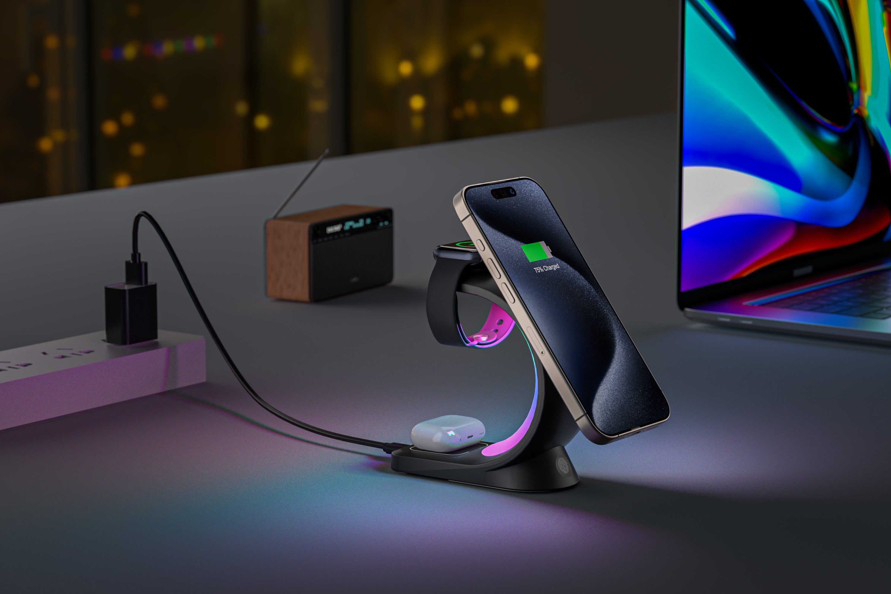 Curved Nightlight 3-in-1 MagSafe Compatible Wireless Charger for Phone, Watch, and Earphones - Black