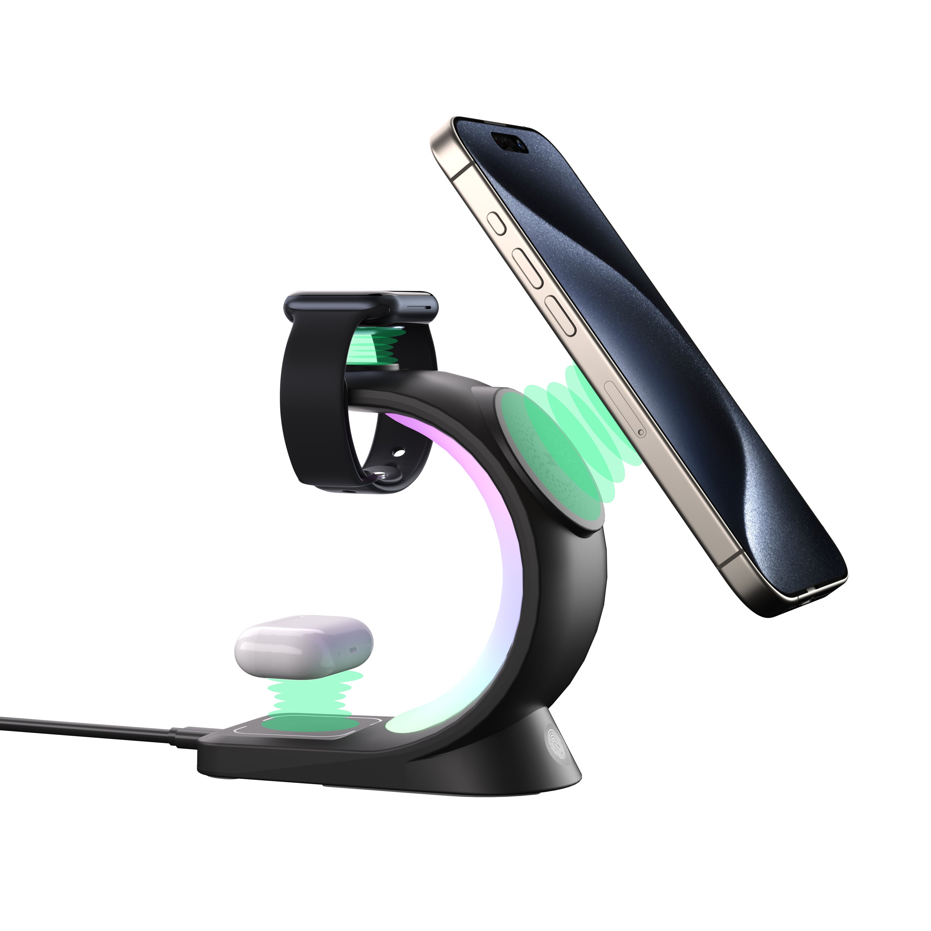 Curved Nightlight 3-in-1 MagSafe Compatible Wireless Charger for Phone, Watch, and Earphones - Black