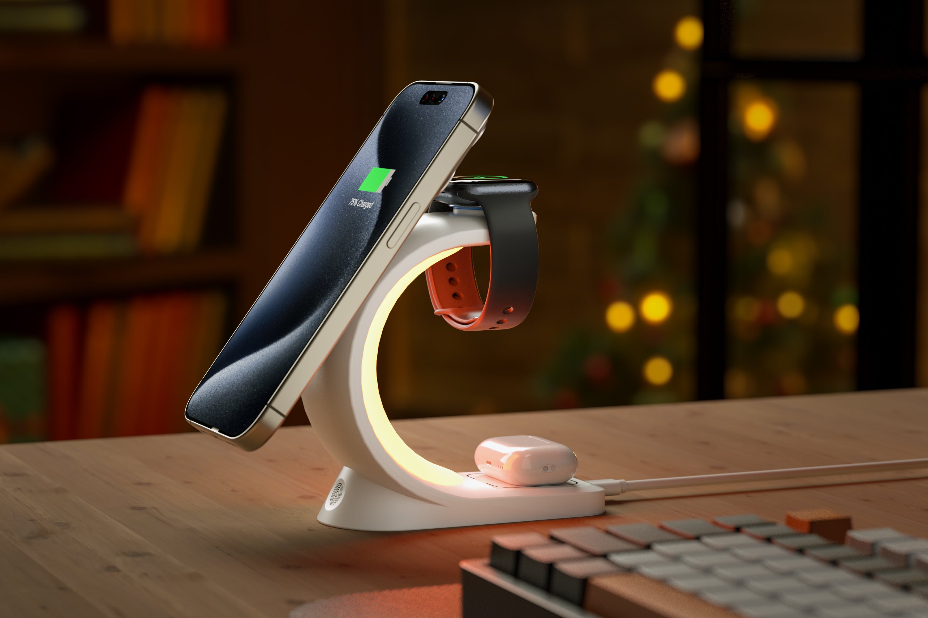 Curved Nightlight 3-in-1 MagSafe Compatible Wireless Charger for Phone, Watch, and Earphones - Black