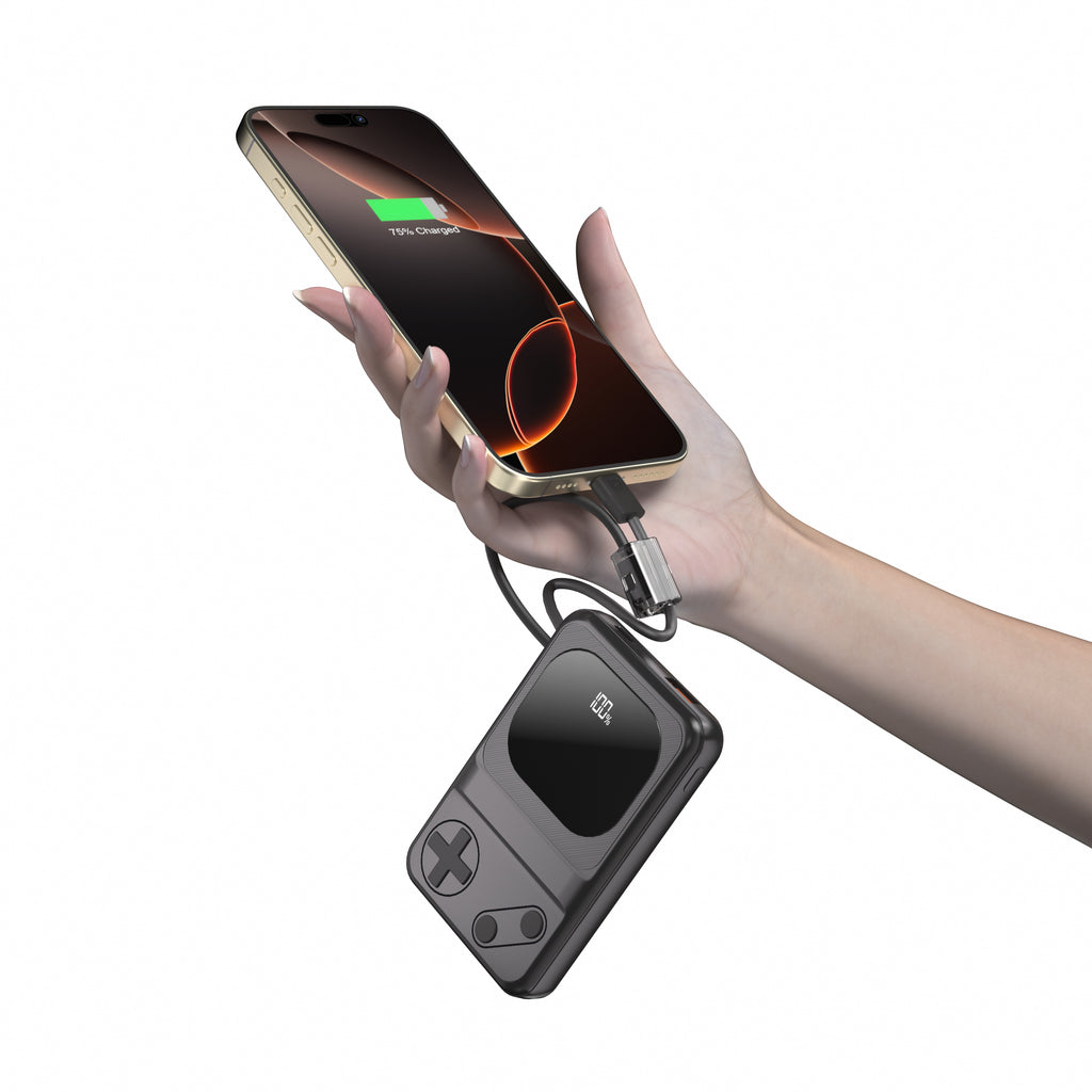 Retro Handheld Gaming Console Power Bank with 2x built-in USB-C Cables - 10,000mAh - Black