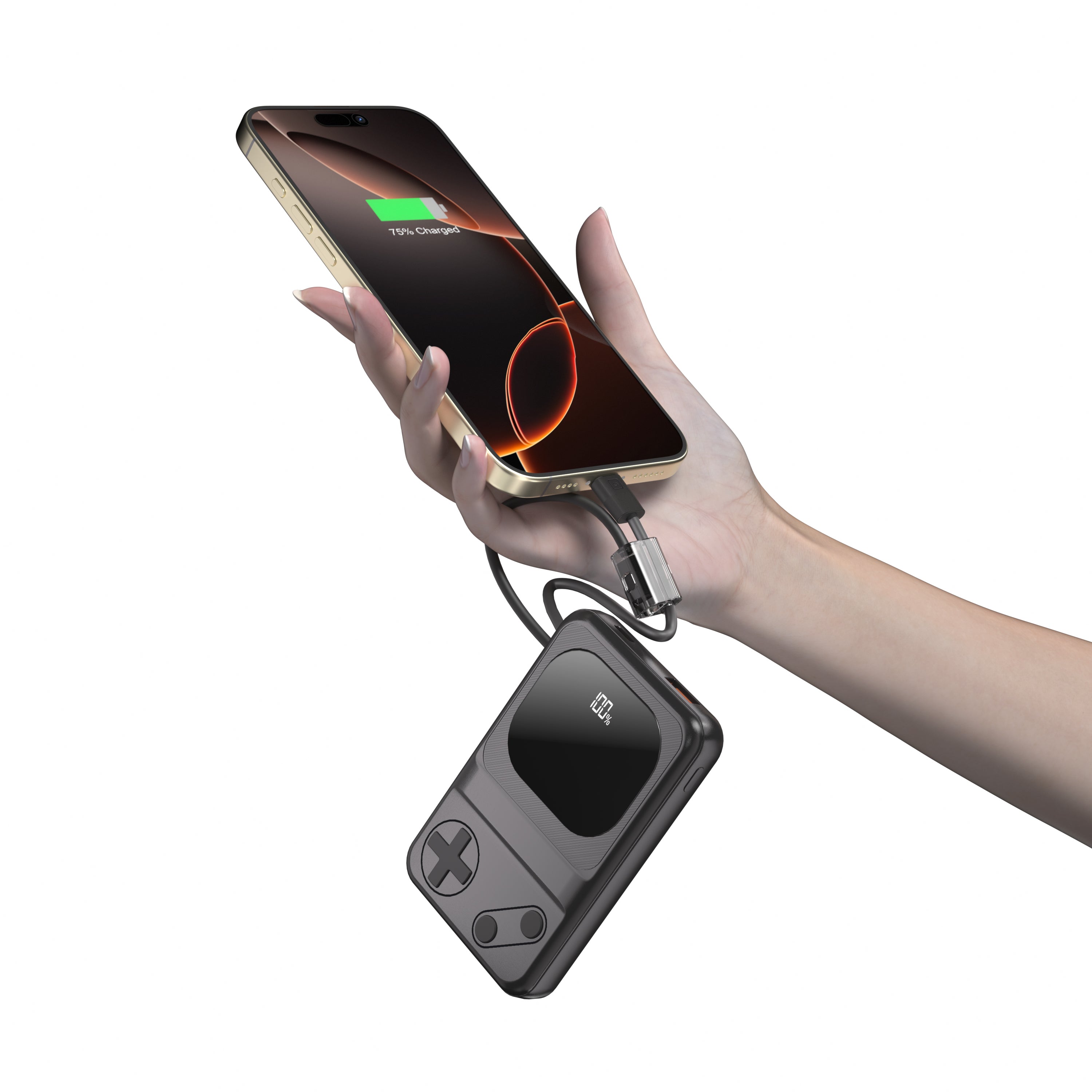 Retro Handheld Gaming Console Power Bank with 2x built-in USB-C Cables - 10,000mAh - Black