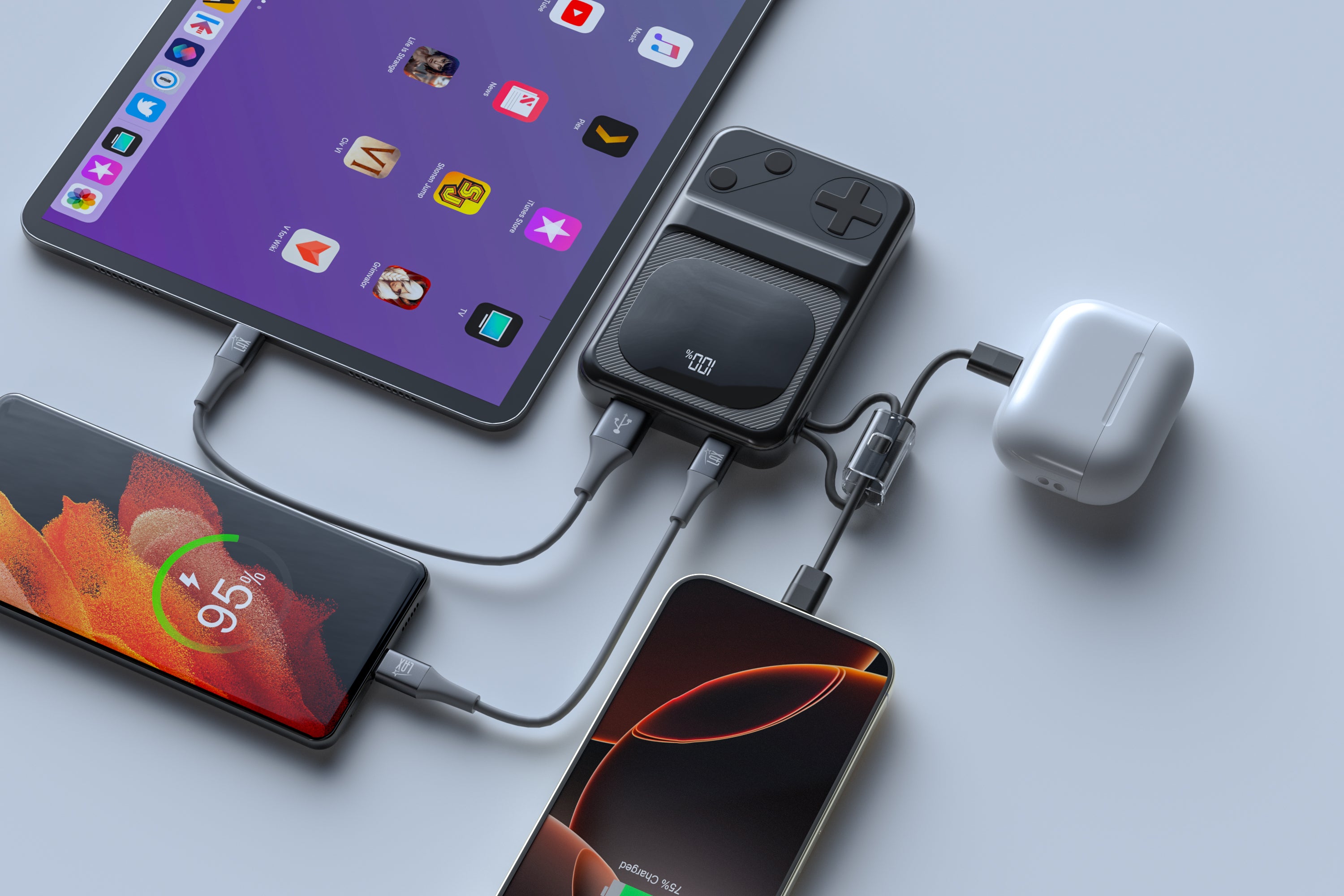 Retro Handheld Gaming Console Power Bank with 2x built-in USB-C Cables - 10,000mAh - Black