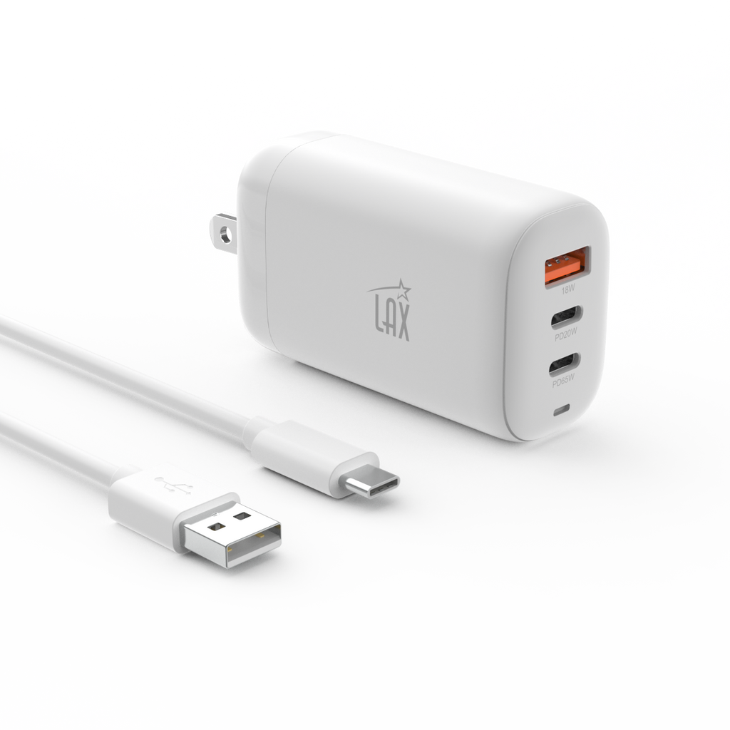 LAX 65W Wall Charger with 2 USB-C, 1 USB-A and Travel Pouch