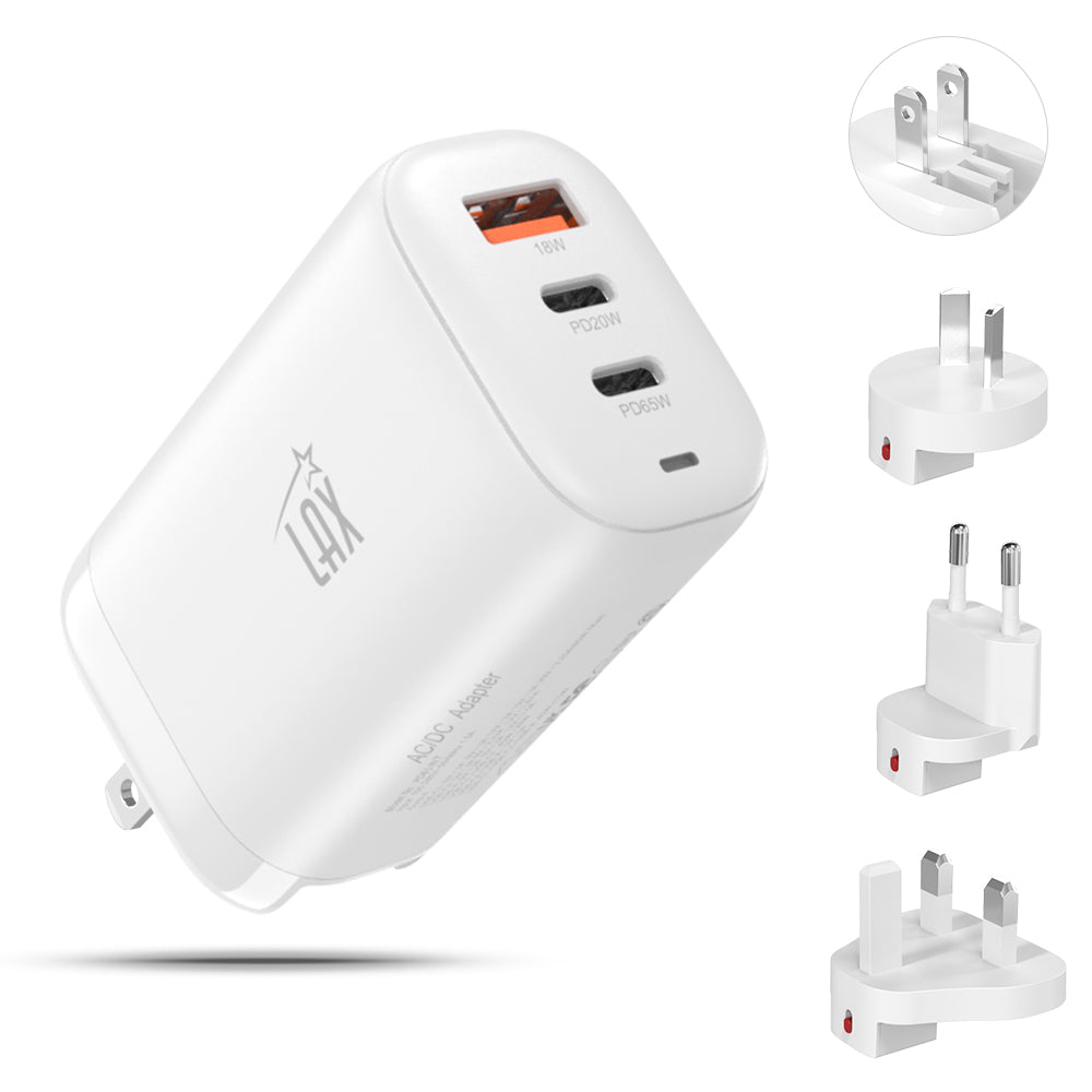 LAX 65W Wall Charger with 2 USB-C, 1 USB-A and Travel Pouch