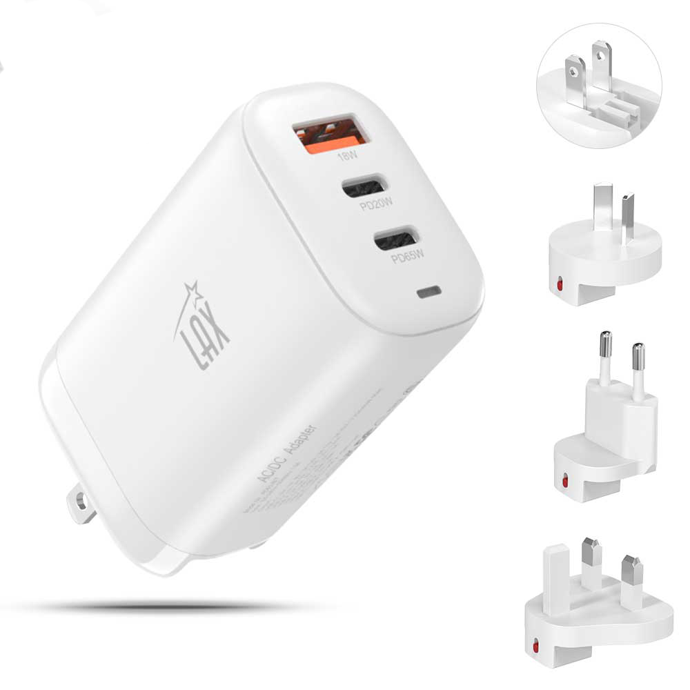 LAX 65W Fast Wall Charger with 3A USB-C to USB-C Cable (6ft) - White