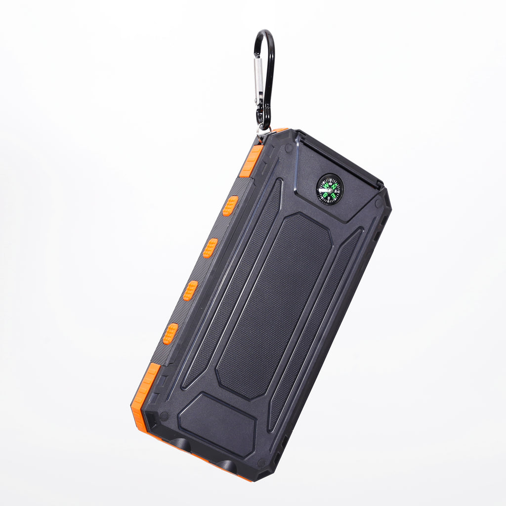 Multi-Functional 10,000mAh Power Bank with Solar Recharging, LED Flashlights, and Compass