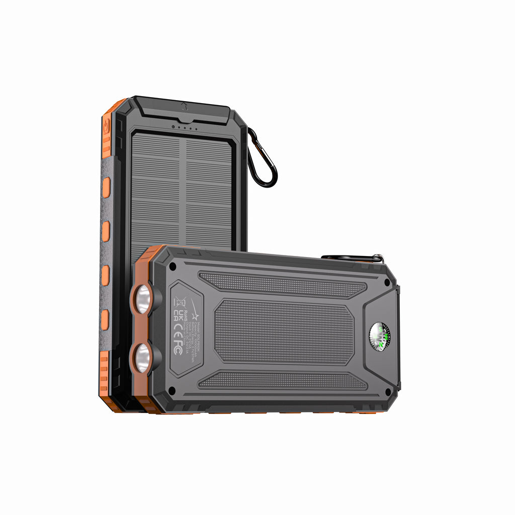 Multi-Functional 10,000mAh Power Bank with Solar Recharging, LED Flashlights, and Compass