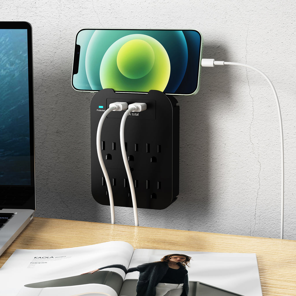 2-Pack Surge Protector 6 Wall Outlets and 2 USB Ports - Black & White