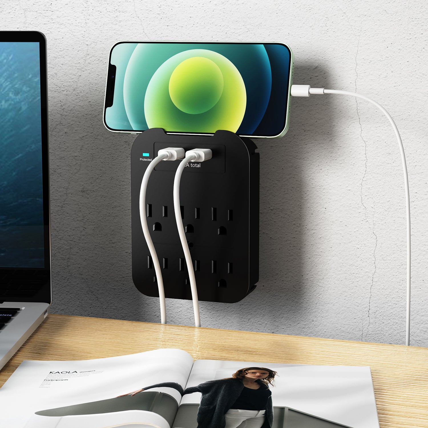 2-Pack Surge Protector 6 Wall Outlets and 2 USB Ports - Black & White