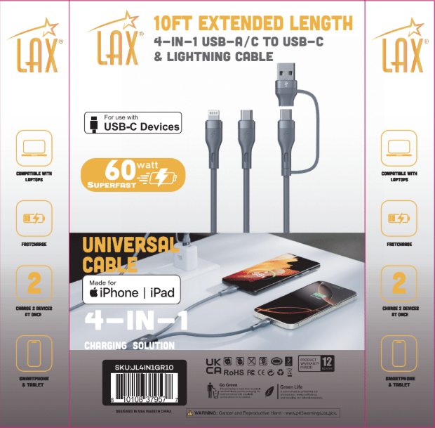 10ft 4-in-1 USB-C/Iphone Charging Cable