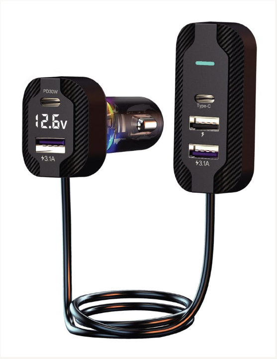 84W Dual USB-C & Triple USB-A Car Charger with 1.5M Extension | PD30W Fast Charging Adapter for All Vehicles