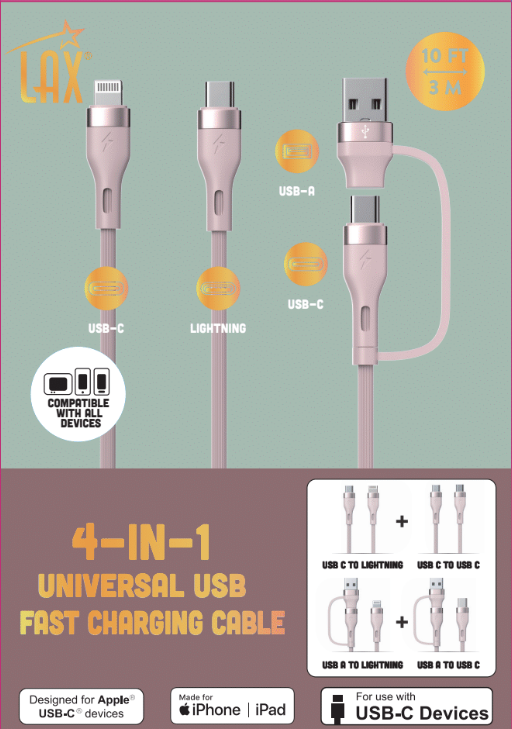 10ft 4-in-1 USB-C/Iphone Cable – Cream/Dusty Pink