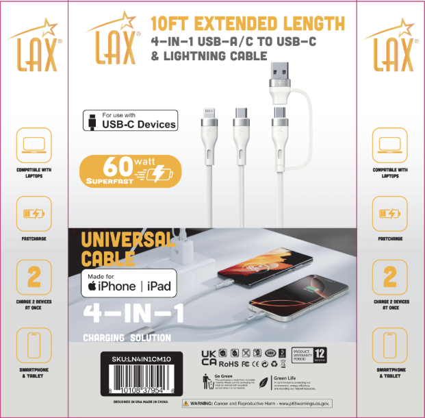 10ft 4-in-1 USB-C/Iphone Cable – Cream/Dusty Pink