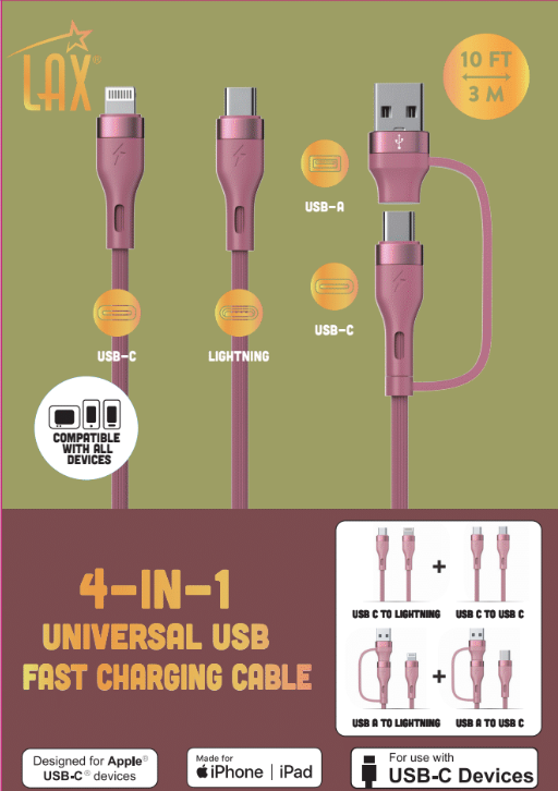 10ft 4-in-1 USB-C/Iphone Cable – Cream/Dusty Pink