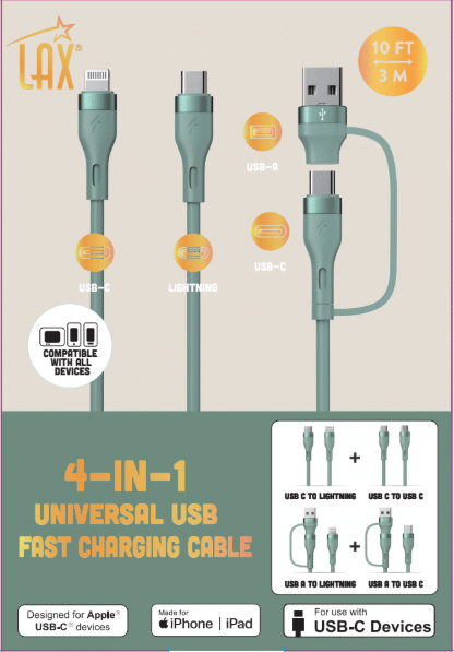10ft 4-in-1 USB-C/Iphone Charging Cable