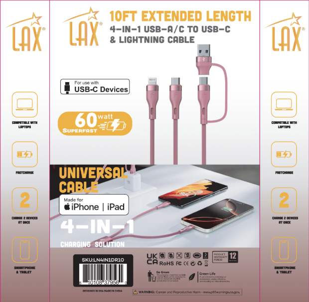 10ft 4-in-1 USB-C/Iphone Cable – Cream/Dusty Pink