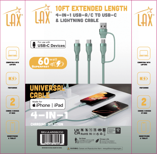 10ft 4-in-1 USB-C/Iphone Charging Cable