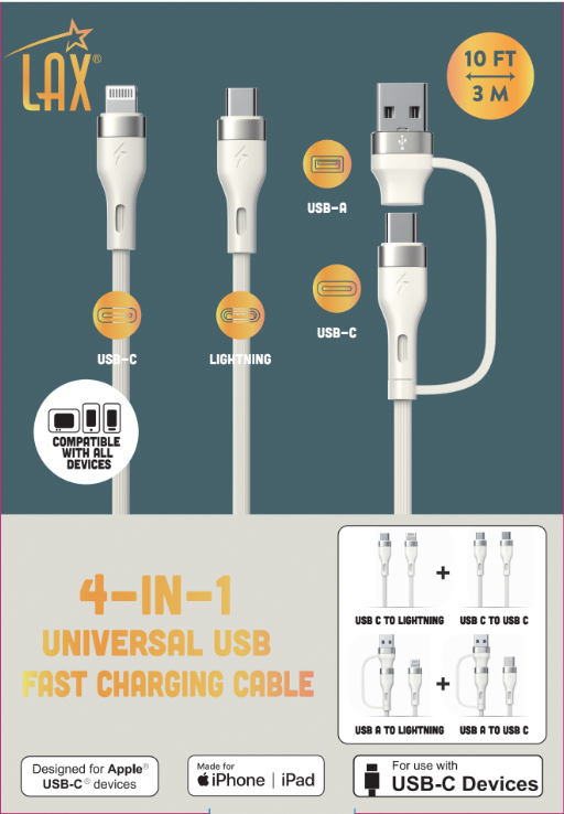 10ft 4-in-1 USB-C/Iphone Cable – Cream/Dusty Pink