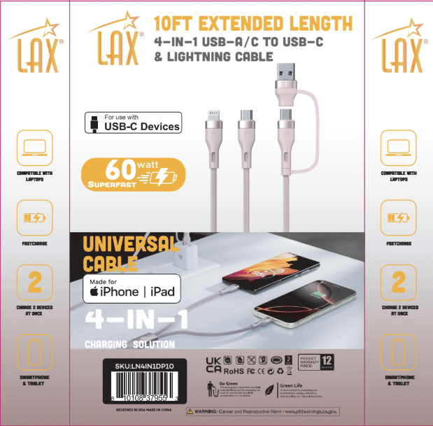 10ft 4-in-1 USB-C/Iphone Cable – Cream/Dusty Pink