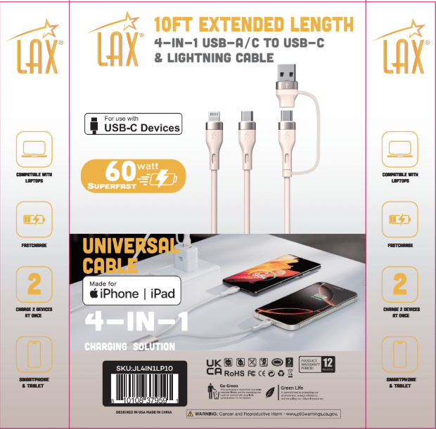 10ft 4-in-1 USB-C/Iphone Charging Cable