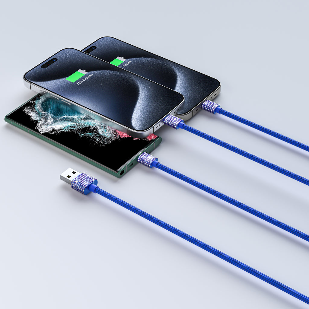 3 in 1 Fast Bling Charging Cable 1x Iphone 2x USB-C Various Attractive color