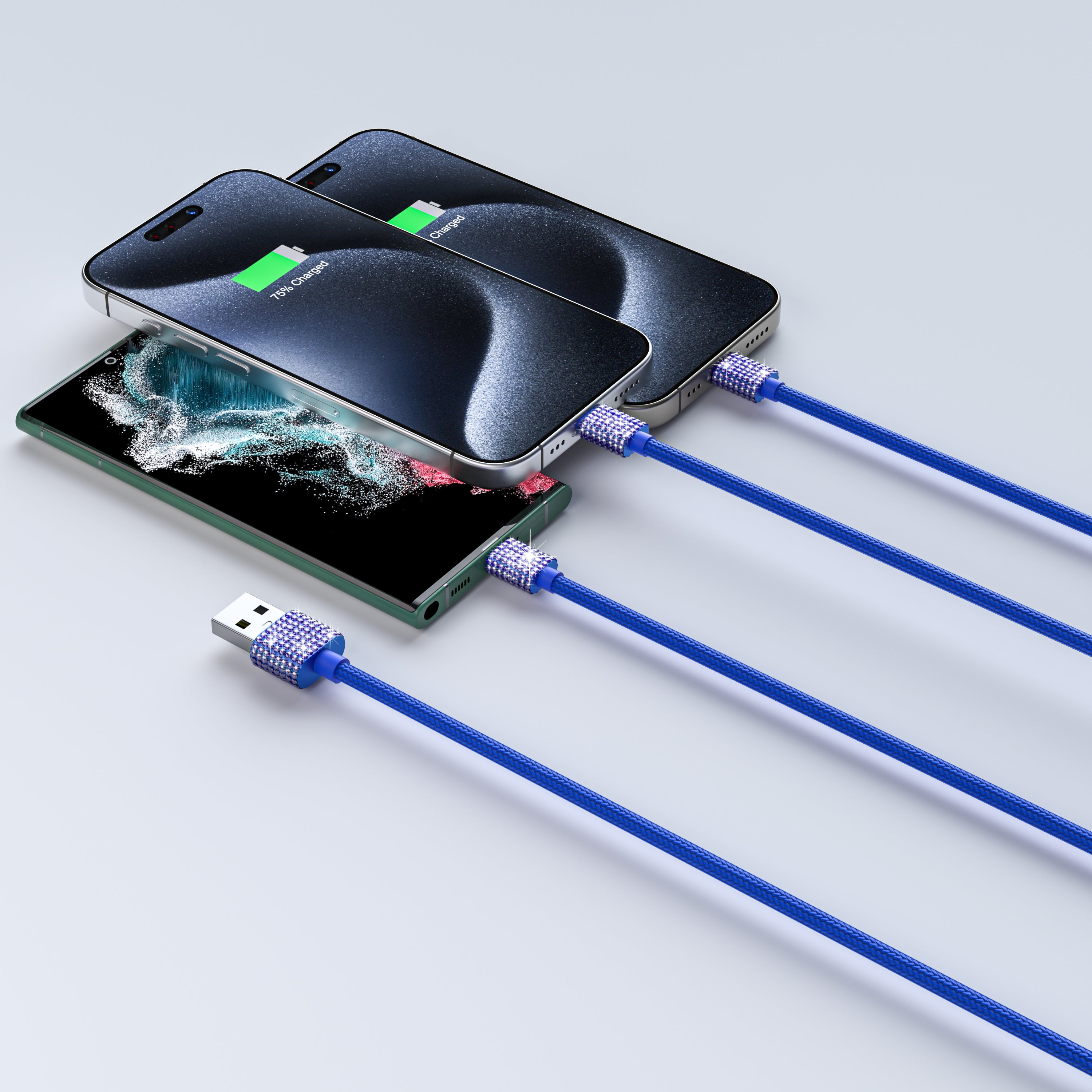 3 in 1 Fast Bling Charging Cable 1x Iphone 2x USB-C Various Attractive color