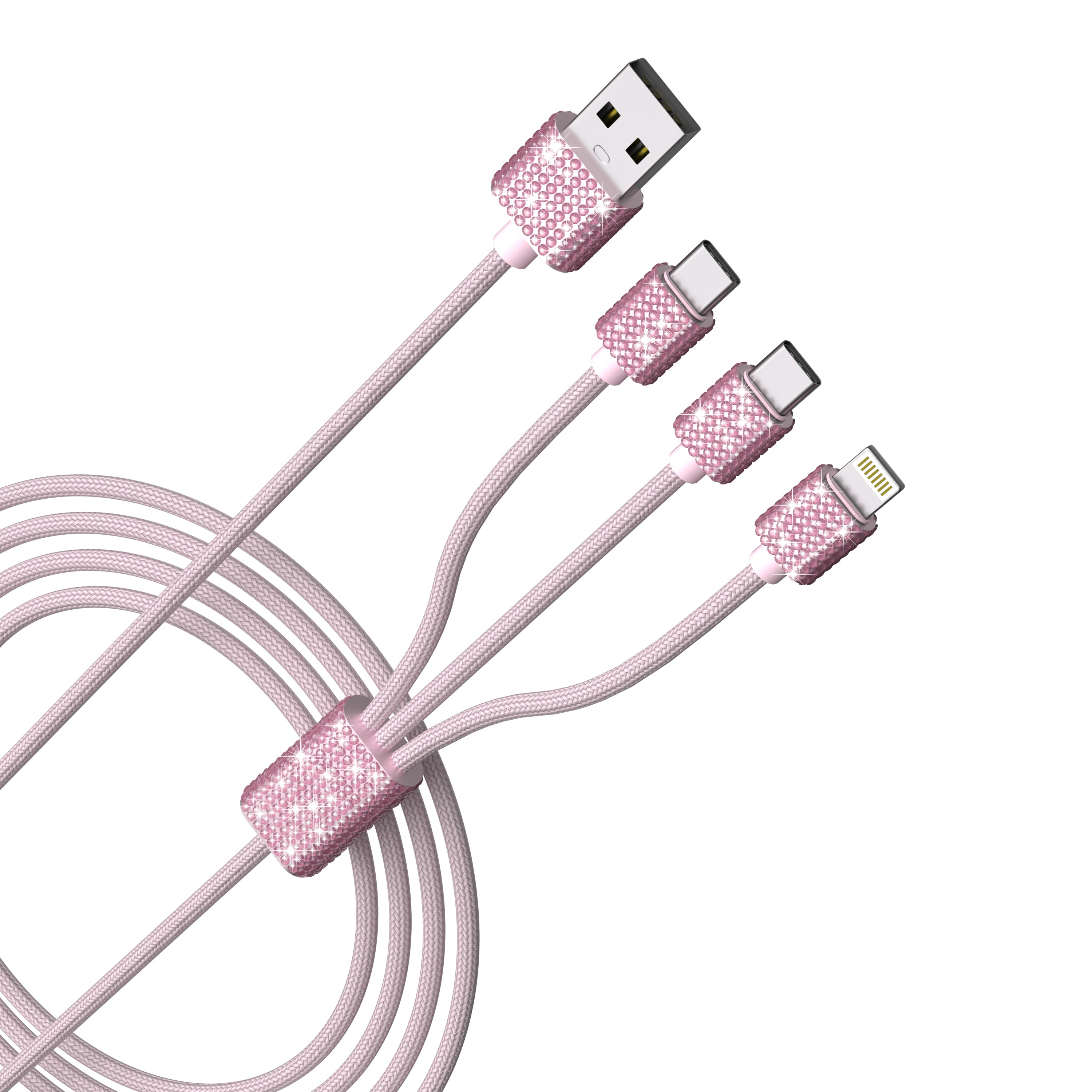 3 in 1 Fast Bling Charging Cable 1x Iphone 2x USB-C Various Attractive color