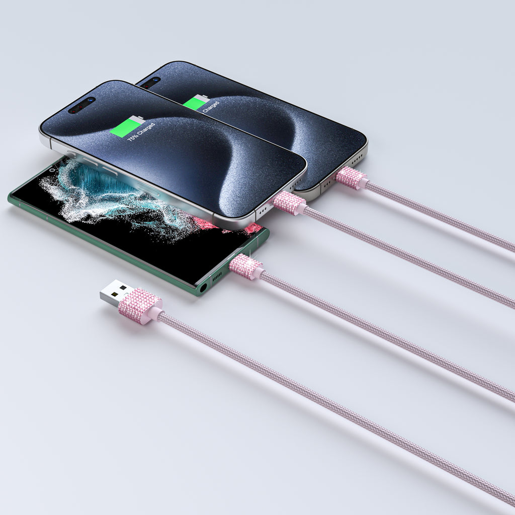 3 in 1 Fast Bling Charging Cable 1x Iphone 2x USB-C Various Attractive color