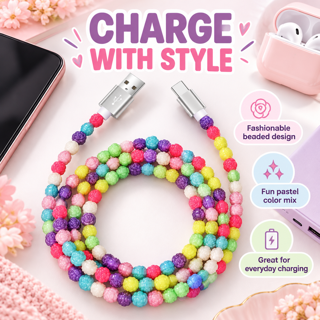 LAX Gadgets Colorful Floral Beaded USB-A to USB-C Charging Cable