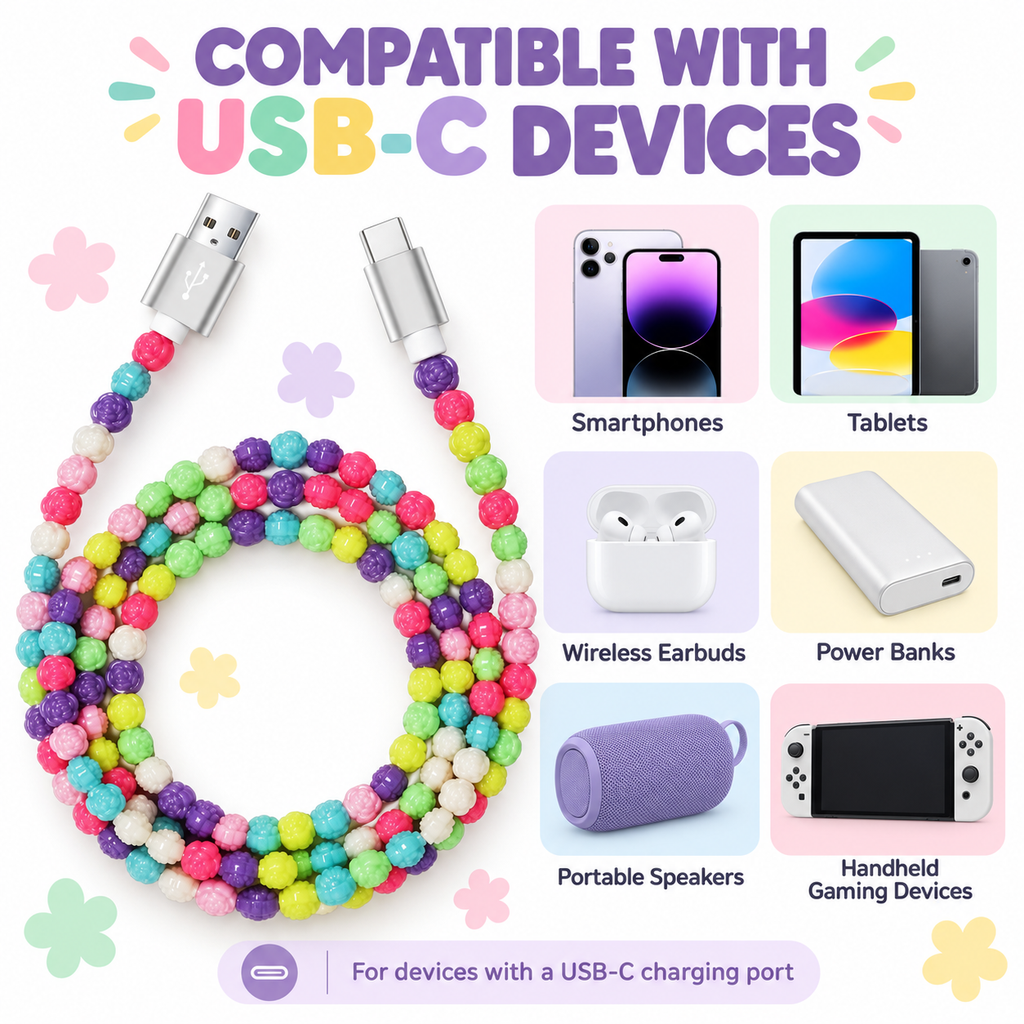 LAX Gadgets Colorful Floral Beaded USB-A to USB-C Charging Cable