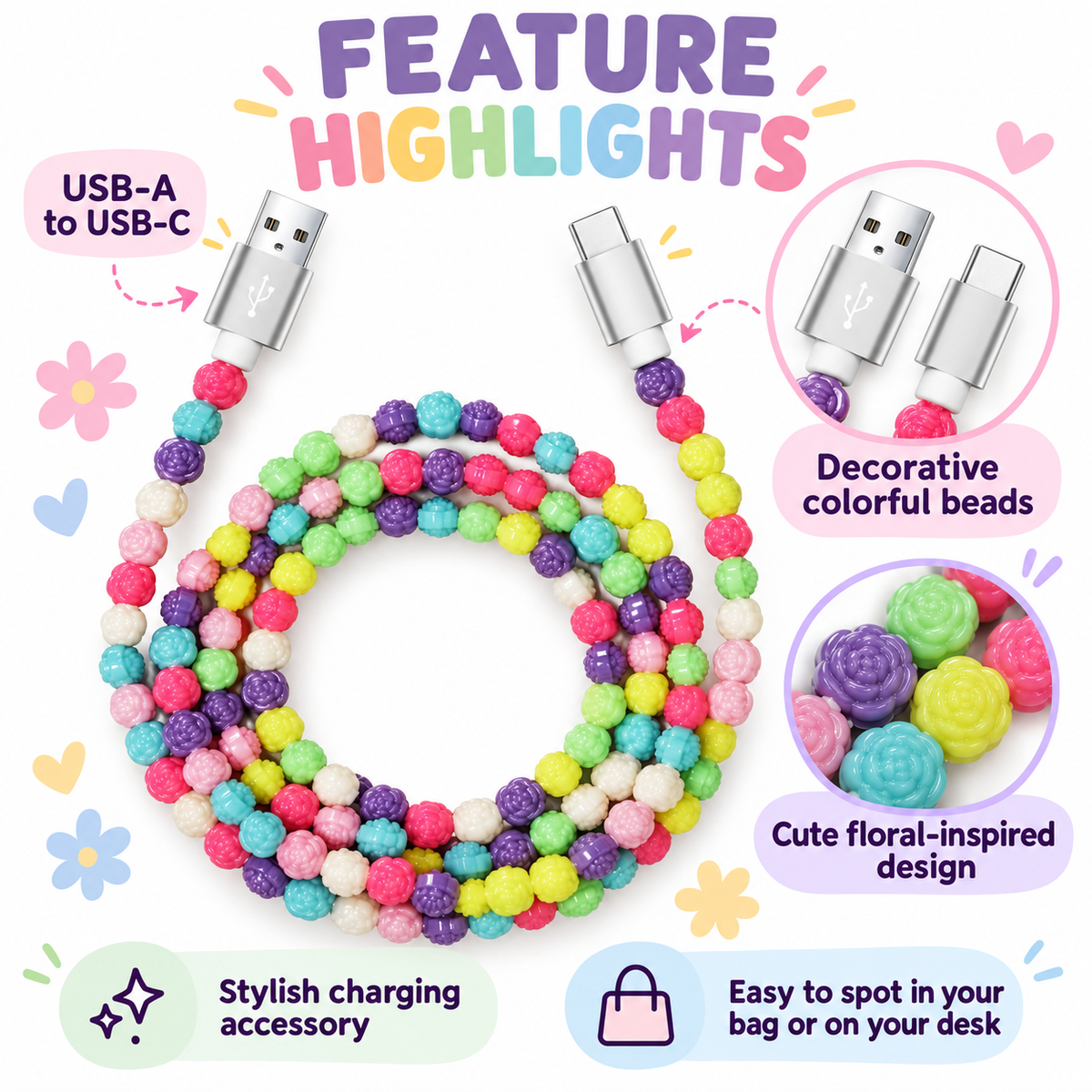 LAX Gadgets Colorful Floral Beaded USB-A to USB-C Charging Cable