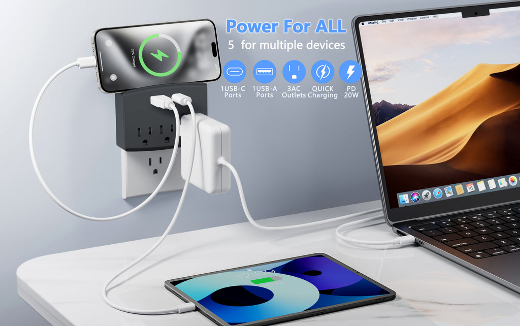 Charging Outlet with Shelf – 3 AC, 1xUSB-C & 1xUSB-A Ports