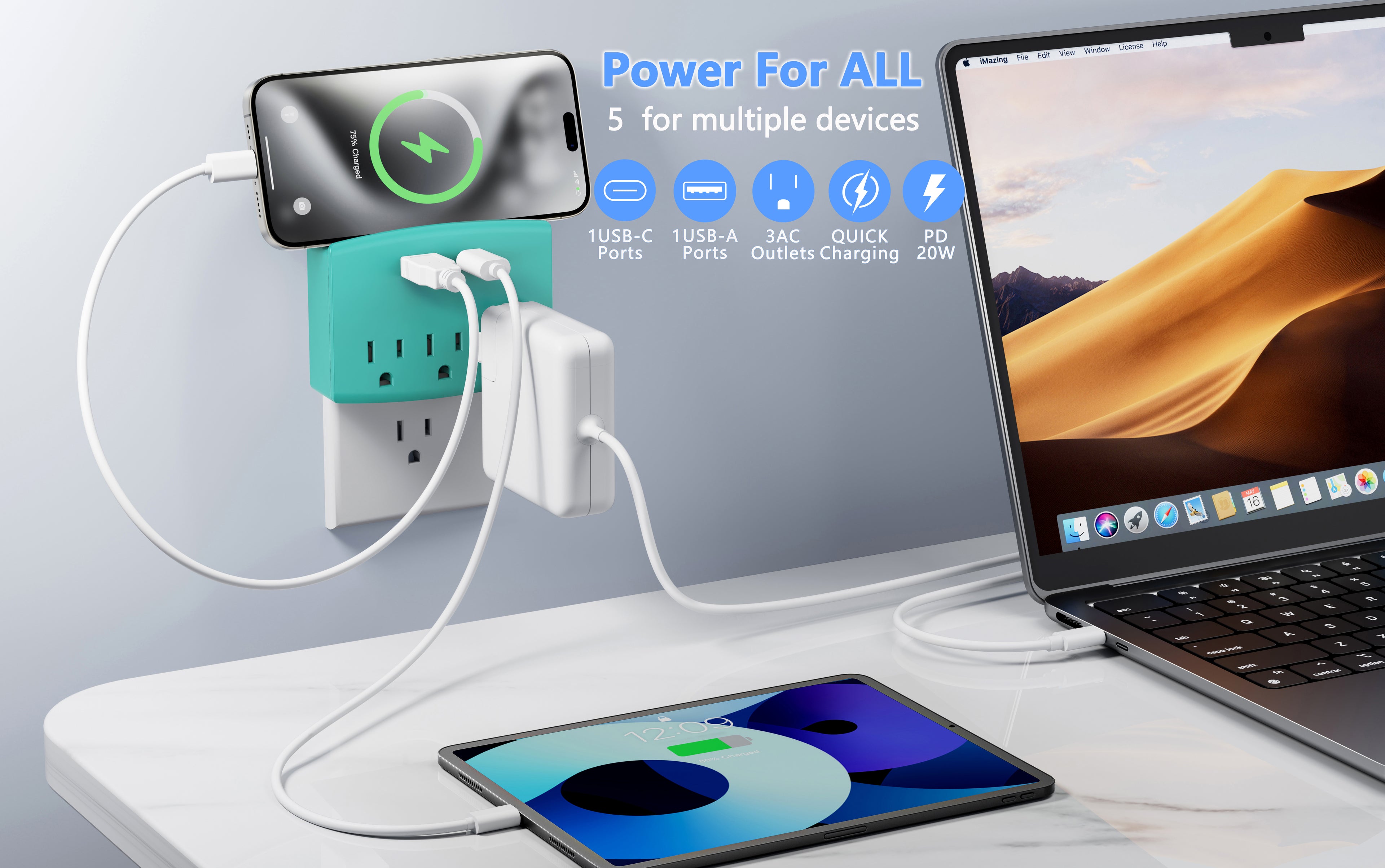 Charging Outlet with Shelf – 3 AC, 1xUSB-C & 1xUSB-A Ports